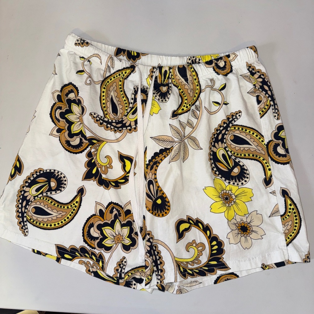 Paisley Floral Print Cotton Shorts Womens Size M White Yellow Drawstring Casual